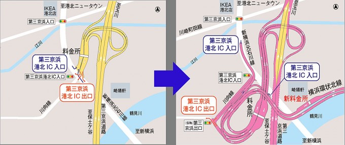 左が現在の第三京浜・港北インターチェンジ。右が平成28年度末完成目標に港北インターの位置を移動。同時に横浜環状北線の港北JCTとして運営開始