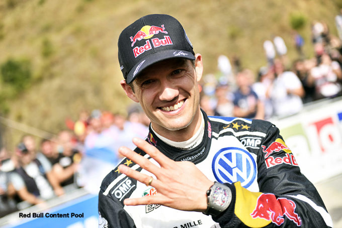 Sebastien Ogier (FRA) celebrates podium during FIA World Rally Championship 2016 Spain in Salou , Spain on 16 October 2016 // Jaanus Ree/Red Bull Content Pool // P-20161016-00719 // Usage for editorial use only // Please go to www.redbullcontentpool.com for further information. //