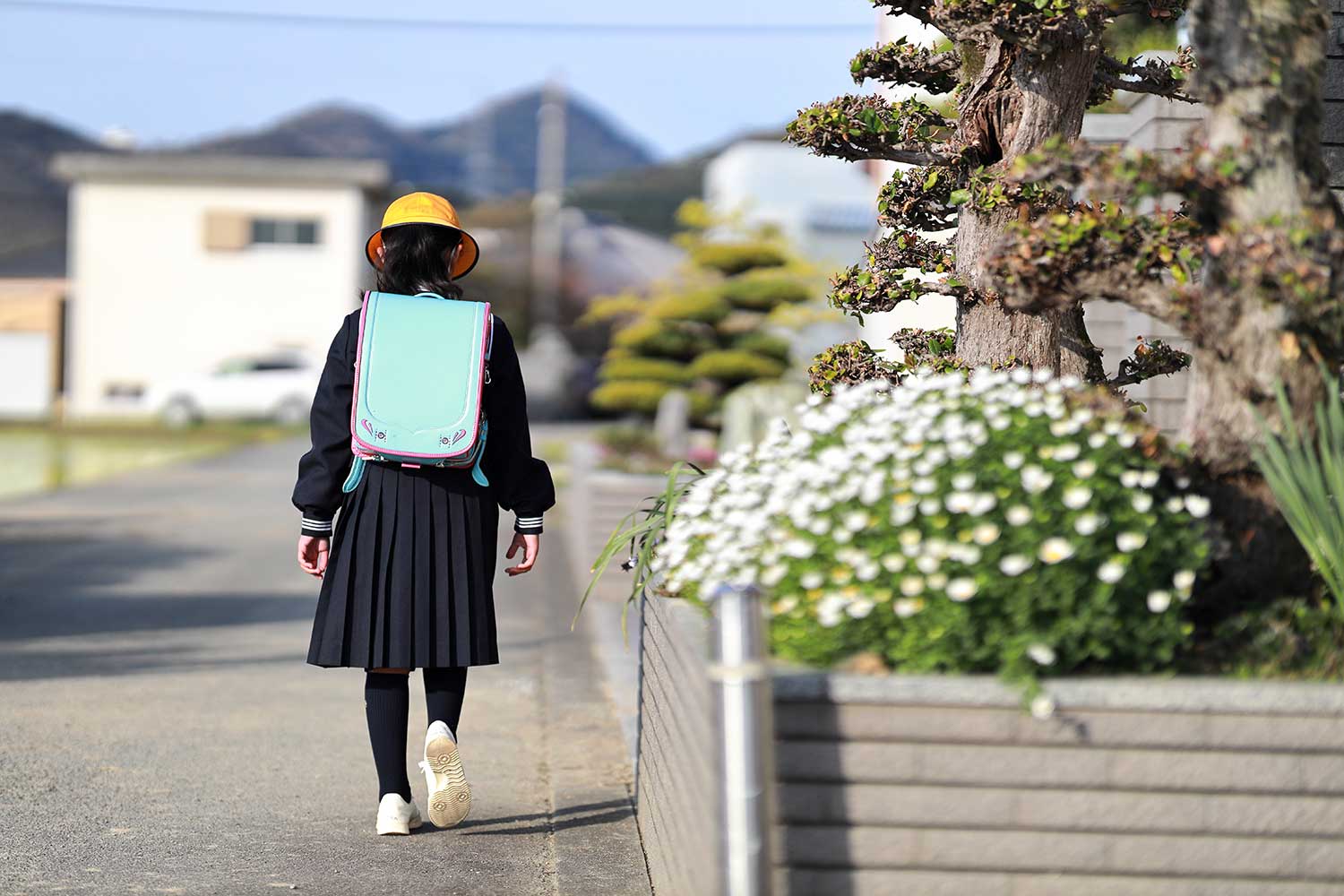 車道を歩いて通学している写真