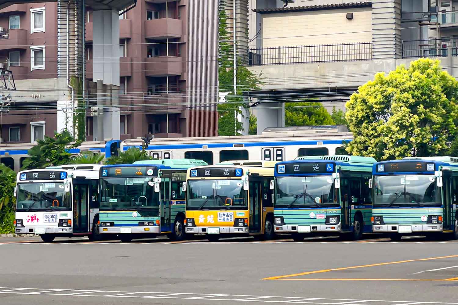 複数台の中型路線バスのイメージ写真