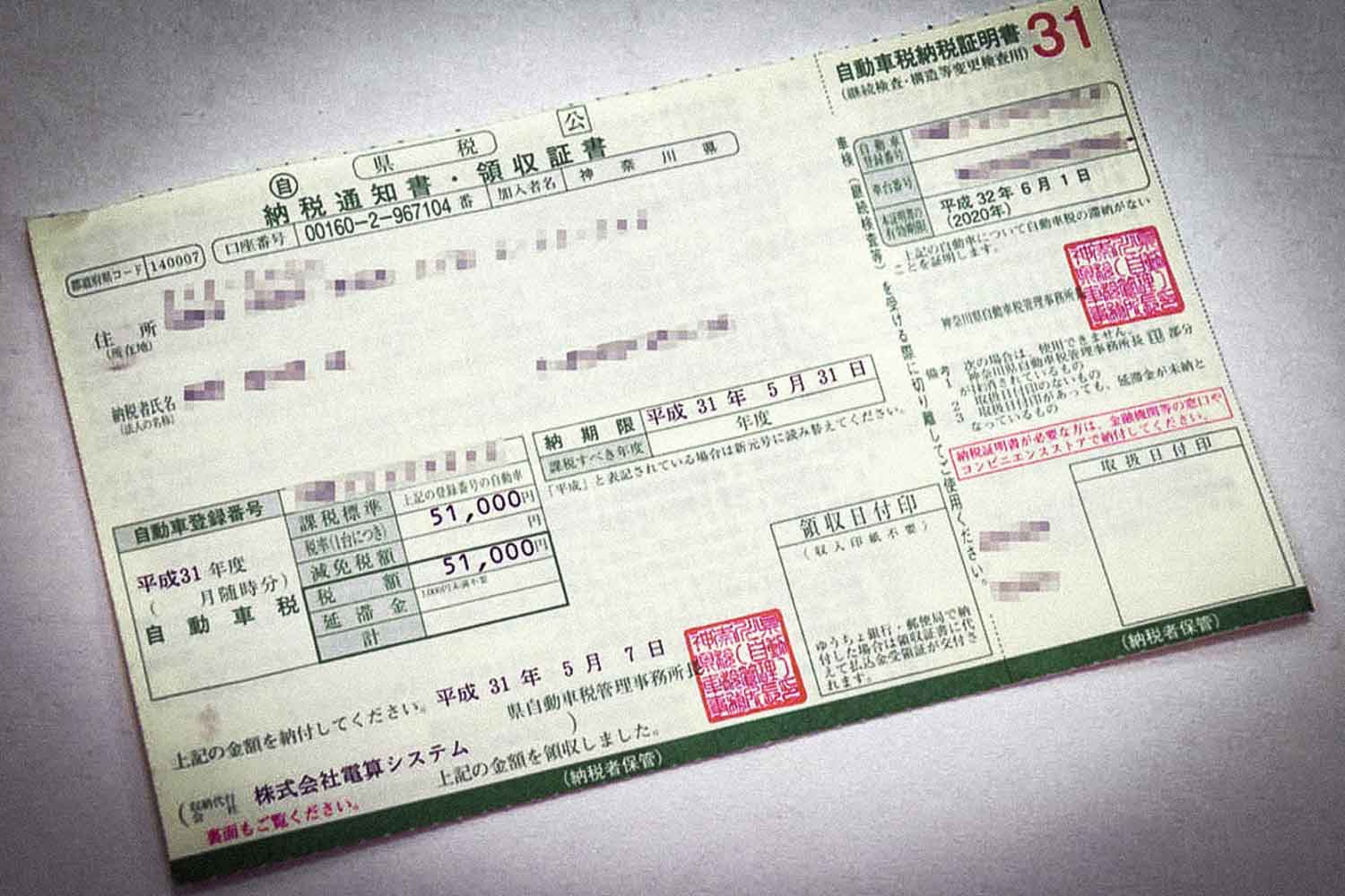 自動車税の納税通知書