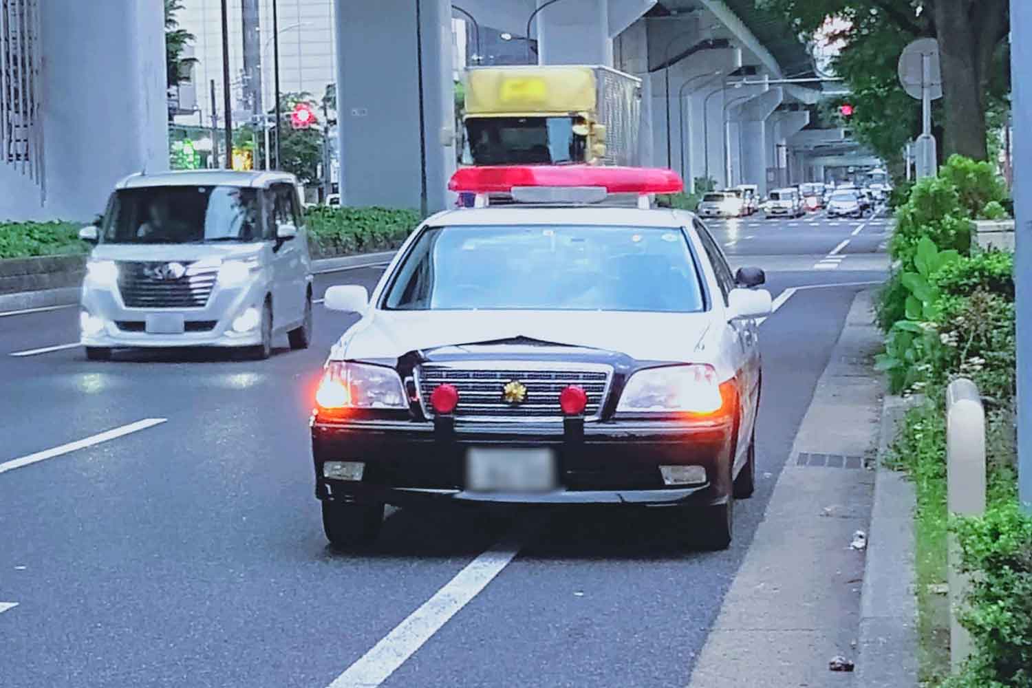 路肩に停車しているパトカーの様子