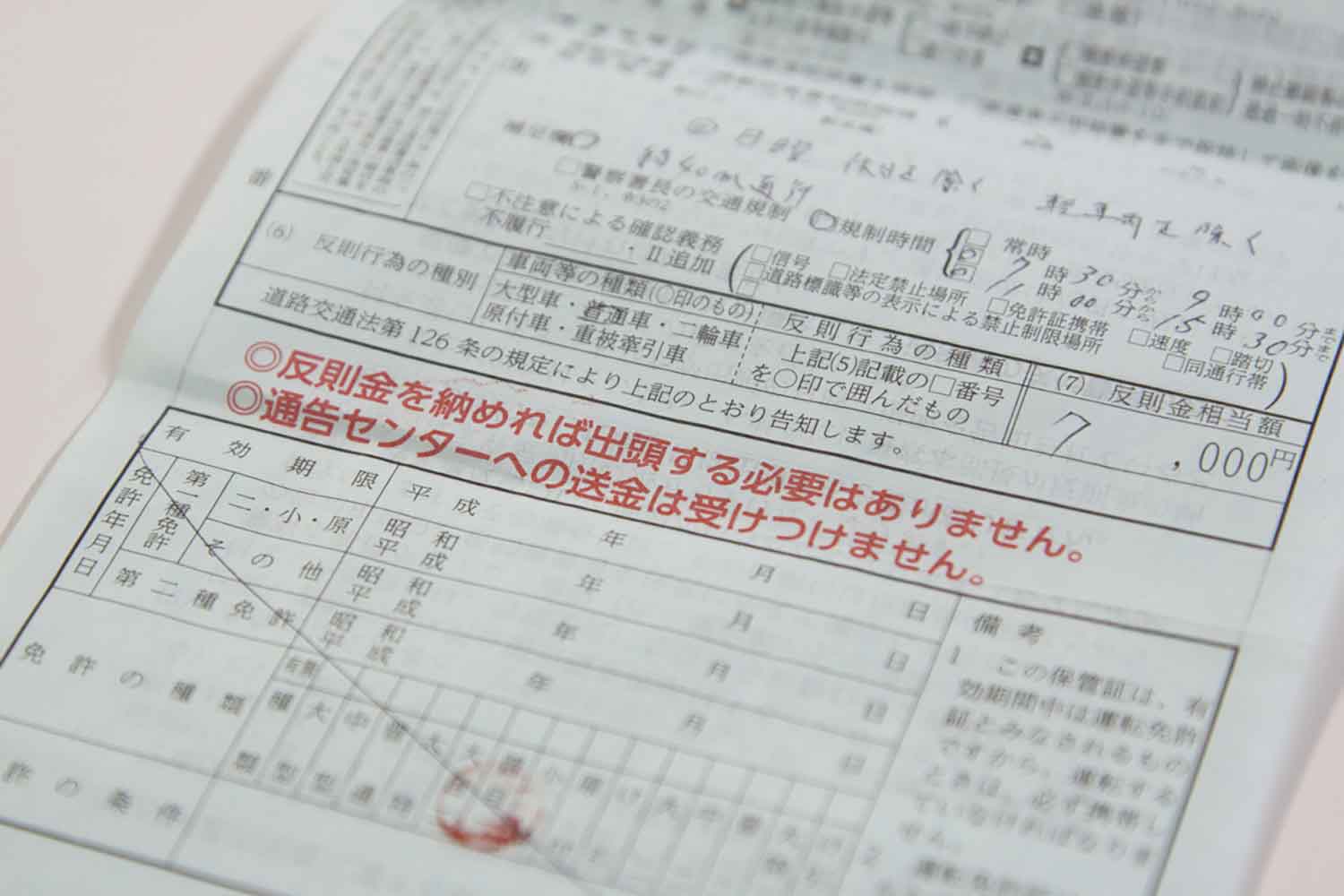 青切符に書かれた反則金に関する文言