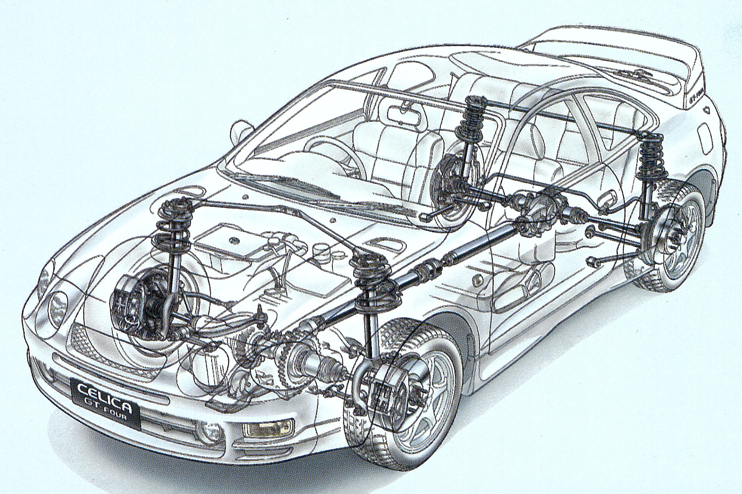スーパーストラットサスペンションを採用していたトヨタ・セリカの透視図