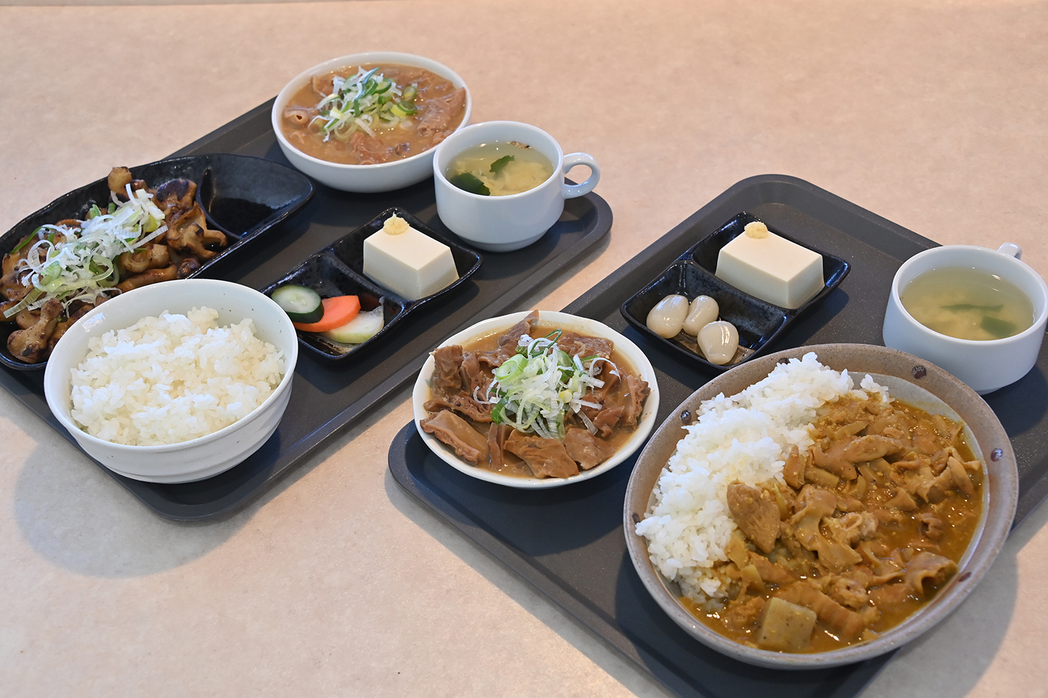 もつ定食の店の「豚もつ煮定食」と「もつカレー」と「焼き豚もつ」と「馬もつ煮」
