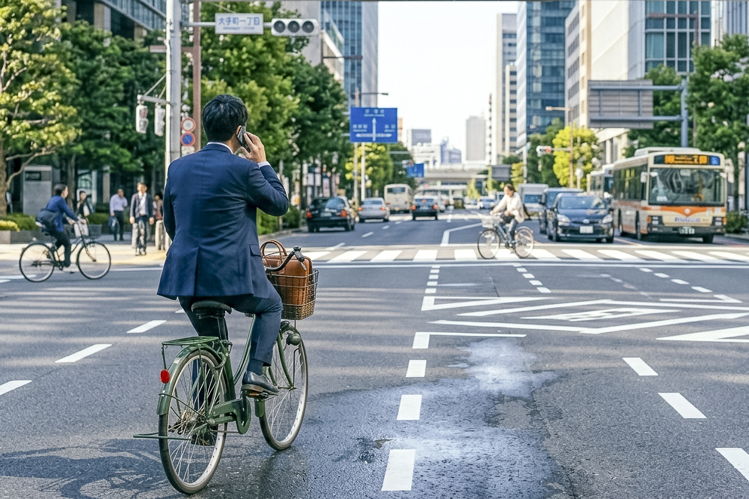 携帯電話で通話しながら自転車に乗る男性