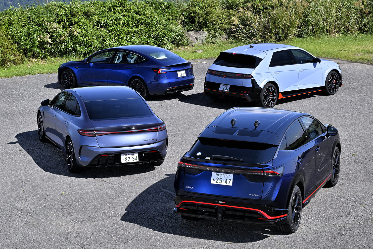 日産アリアNISMOとBYDシールとヒョンデ・アイオニック5 Nとテスラ・モデル3のリヤスタイリング