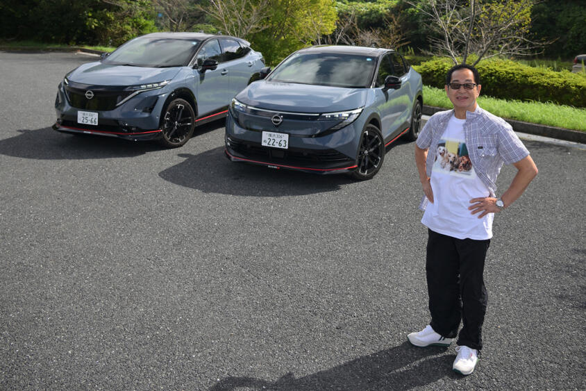 重いEVなのにビュンビュン曲がる……けどNISMOモードはやりすぎ!?　ドリキンがアリア＆リーフNISMOの走りに感じた本気度【土屋圭市 峠賛歌】